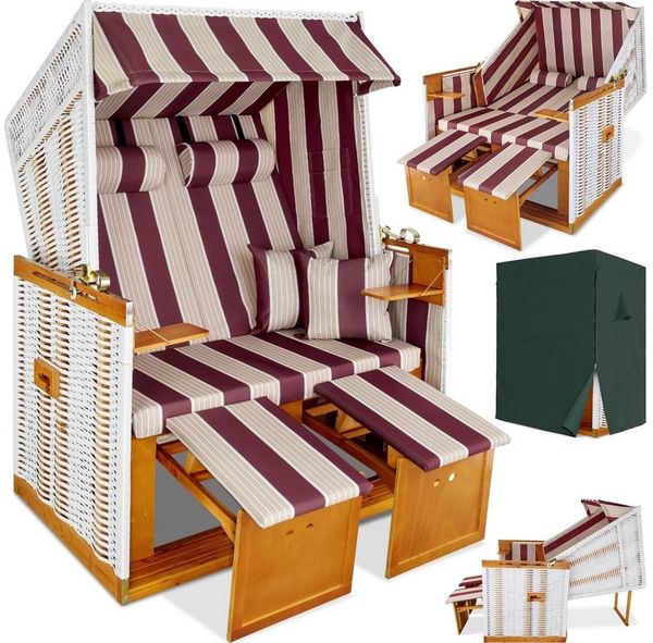 tectake Strandkorb 2-Sitzer mit Polster, verstellbar, inkl. Schutzhülle, gepolstert mit ausziehbaren Fußbänkchen