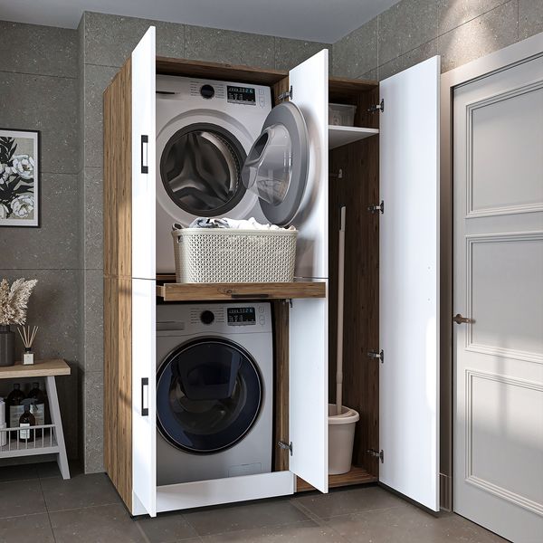 Roomart Waschmaschinenschrank - DORA-I- 115 cm breit - Wasch- & Trocknerschrank mit Türen & Ausziehbrett, Waschmaschinen-Überbau für Waschküche & Hauswirtschaftsraum • Weiß-Eiche