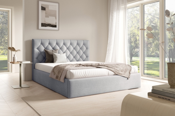 MEBLINI Polsterbett 140x200 mit Lattenrost ohne Matratze – BALEARO – Hellgrau Samt – Doppelbett mit Bettkasten - Stauraumbett - Kopfteil Bett mit Stauraum