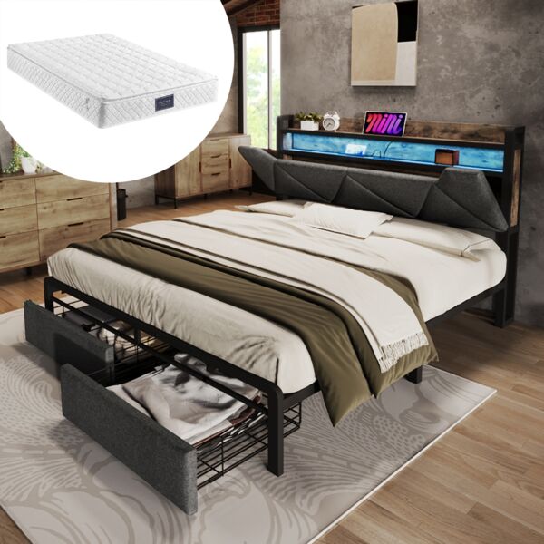 Polsterbett 140x200 cm, Leinen mit Stauraum-Kopfteil, LED & USB-Anschluss, 2 Schubladen, Grau, mit Matratze