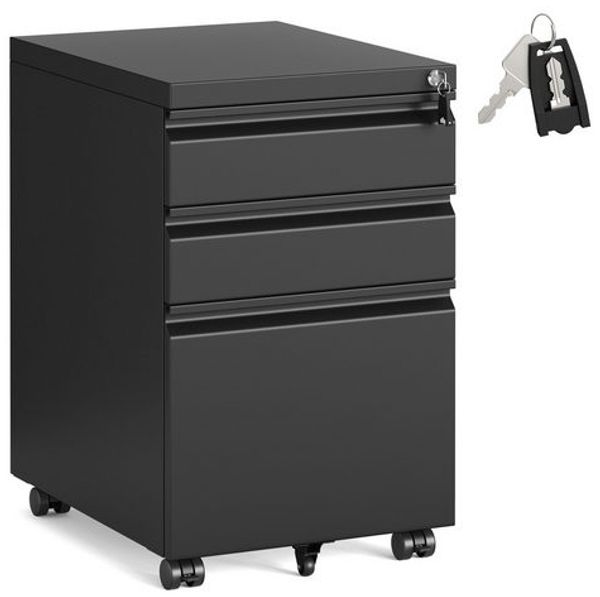 SONGMICS Büroschrank aus Stahl mit 3 Schubladen, abschließbarer Rollcontainer, für Homeoffice, Druckerständer, schwarz