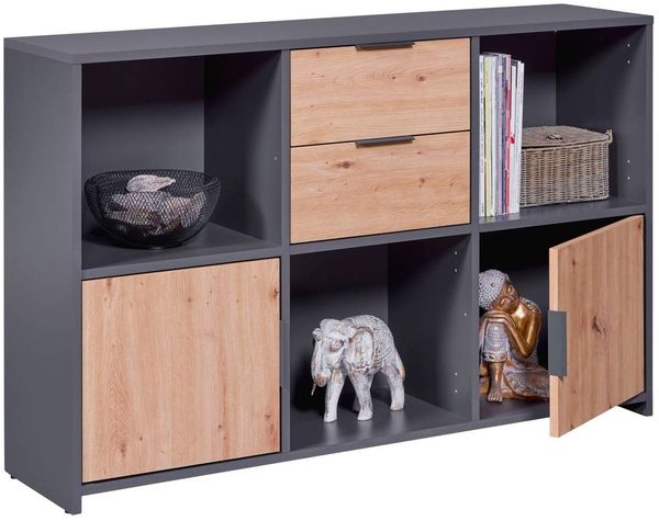 Regal Kommode PEPETO 2 Türen 2 Schubladen Optik: Grau / Artisan Eiche