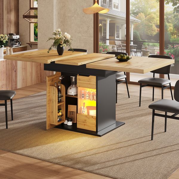 Esstisch aus MDF mit Stauraum & LED-Beleuchtung, 110-140x80x76 cm, Schwarz/Natur