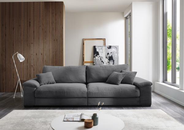 Big-Sofa >Adriena< 5 Kissen, Daune, weicher Cord Stoff dunkelgrau - 288x90x106cm (BxHxT)