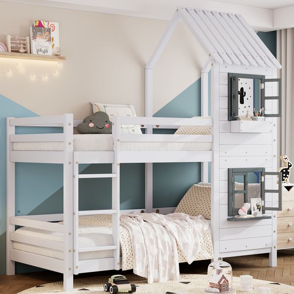 Haus-Etagenbett Kinder 90x200 Fenster Leiter Handlauf Kiefer Holz Kinderzimmer Spielbett,Weiß & Grau