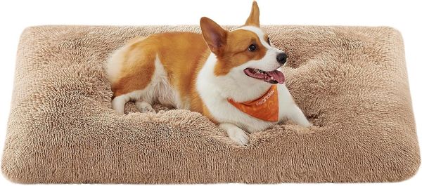 Feandrea Hundebett, Hundekissen, flauschige Hundematte, langer Plüsch, 110 x 73 cm, weiche Polsterung, waschbar, multifunktional, kamelbraun