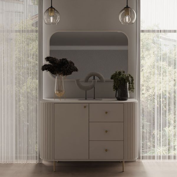 Ovalio Sideboard Typ 813 Kommode 123 cm Wohnzimmer Esszimmer Anrichte Modern Farbwahl Sandbeige, Cremona-Eiche und Dunin-Eiche