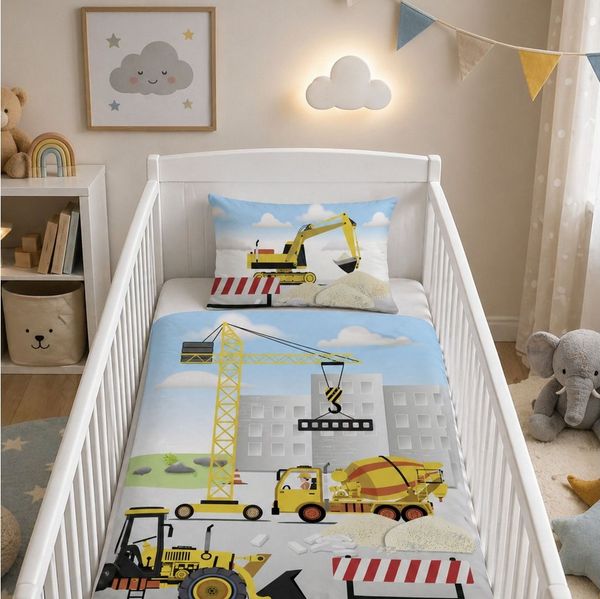 Baby Bettwäsche Baustelle für Kleinkinder 100x135 40x60 cm mit Bagger und Kran Motiv aus 100% Baumwolle