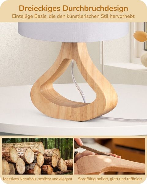 EDISHINE Nachttischlampe Höch 34cm Holz, LED wechselbar, warmweiß, Lampe mit Ein-/Ausschalter, E27 Fassung mit 2700K LED-Glühbirne