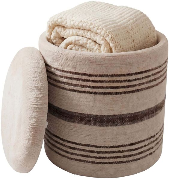 Sitzhocker mit Stauraum aus Wolle 40cm Beige Stoff Rund - Design Boho Stoffhocker mit abnehmbarem Deckel - Polsterhocker Schminktisch Hocker - Beistellhocker für Wohnzimmer Handmade