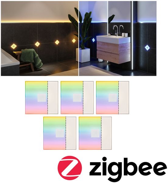 Paulmann 78413 LumiTiles LED Fliesen Square 5er-Basisset 100x10mm Zigbee RGBW IP44 Weiß