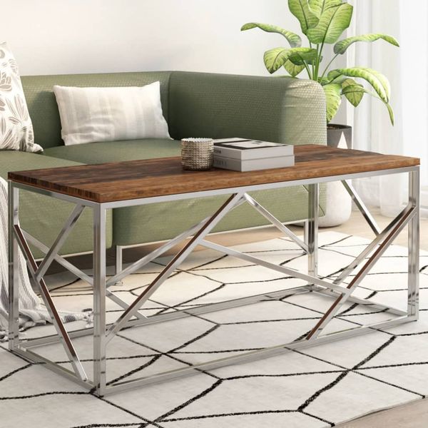 vidaXL Couchtisch Silbern Edelstahl und Massivholz 349941