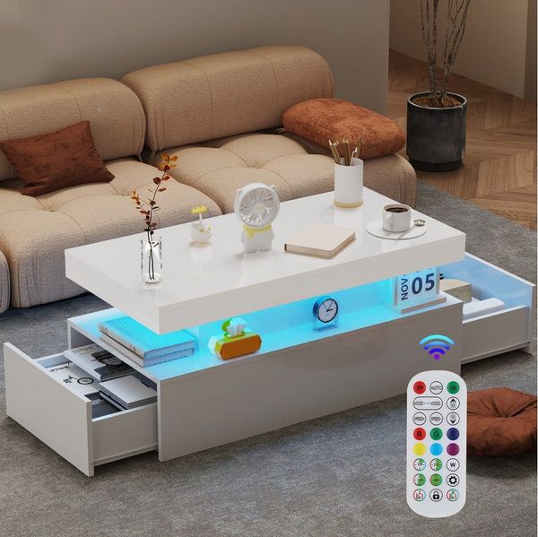 oyajia Couchtisch Wohnzimmertisch Hochglanz mit LED Beleuchtung & Fernsteuerung Modern (Bluetooth-Fernbedienung. App-Steuerung, offenen Fächern,stabil, pflegeleicht, modernes Hochglanz-Design), 95 x 48 x 42cm Beistelltisch,mit 2 Schubladen,Farbwechsel-...