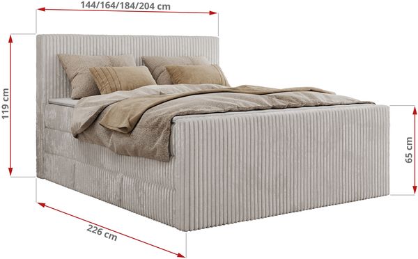 Boxspringbett mit zwei Multipocket-Matratzen und Topper, Doppelbett aus Cordstoff, zwei Bettkästen - TILIANO KING DUO - 180 x 200 cm - Hellgrau Cord - H4 Bild 6