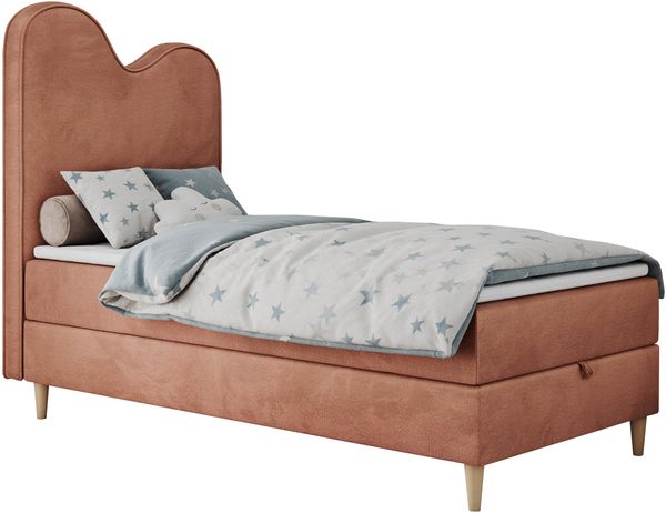 Kinderbett FLOW, Boxspringbett für Kinder, mit hohem Kopfteil, Einzelbett mit Matratze - 90x180 - Orange Velvet - Topper Visco Bild 4