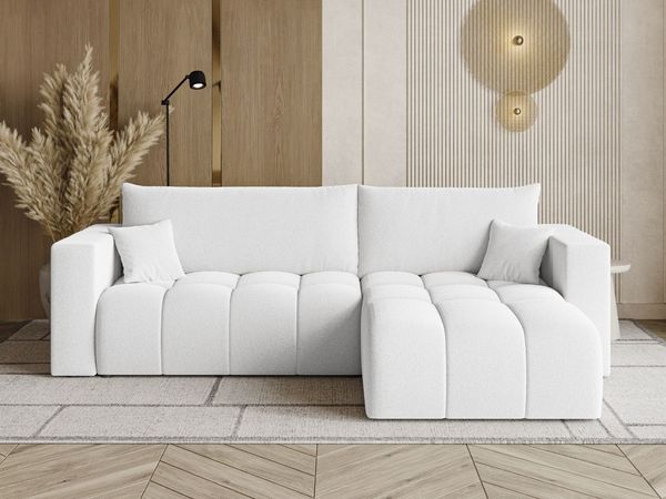 GRAINGOLD Ecksofa L-Form Neva L, Ecksofa mit Schlaffunktion, Bettkasten, mit losen Kissen, Bouclé-Stoff, Weiß