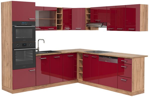 Eckküche R-Line Rot Hochglanz/Goldkraft Eiche 247 x 46 cm ohne Arbeitsplatte Vicco