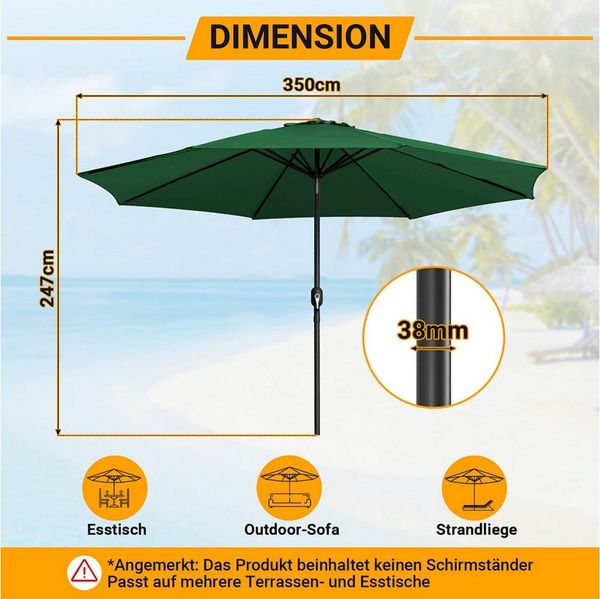 Clanmacy Sonnenschirm Sonnenschirm Ø350 cm Balkonschirm Gartenschirm UV50+ ohne Knick Grün, LxB: 350x350 cm, Stabiler knickbar/für Garten, Balkon, Terasse/Sonnenschutz