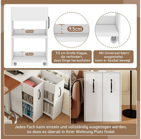 REDOM Aktenschrank mit 360° Rollen (Einzelschrank, Nachttisch, 1-St, mit Fächern und Schubladen, mit Absturzsicherung) links-rechts tauschbar