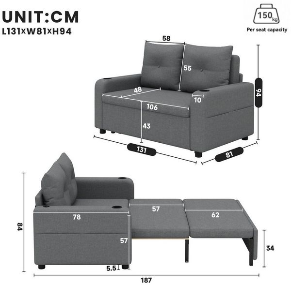 autolock Schlafsofa 3-in-1 Schlafsofa, 2-Sitzer mit Ausziehfunktion, Getränkehaltern, multifunktionales Sofa mit USB- & Type-C-Anschluss, Leinenstoff