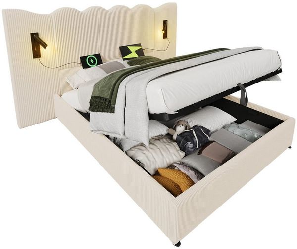 REDOM Polsterbett Hydraulisches Funktionsbett (Struraumbett, Doppelbett, 1-tlg, 180×200cm, ohne Matratze), mit Leselampe und USB Type-C Ladefunktion