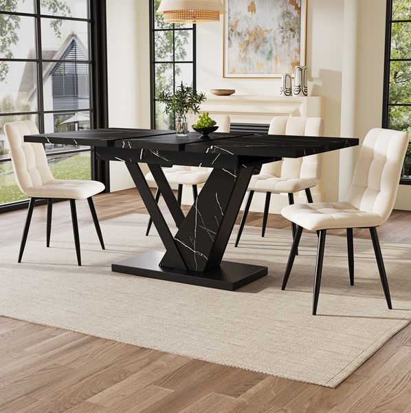 Esstisch ausziehbar 120–160x75x75,5 cm, stilvoller Tisch mit Marmor-Dekorplatte, stabilem Metallrahmen für Küche & Wohnzimmer, 75.5cmx120-160cmx75cm, Schwarz