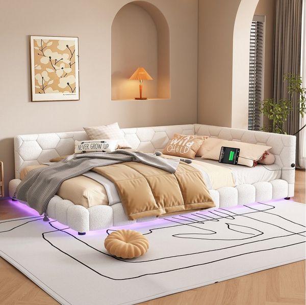 Merax Polsterbett, LED und USB, Tagesbett Teddy-Plüsch Schlafsofa Doppelbett 140x200cm