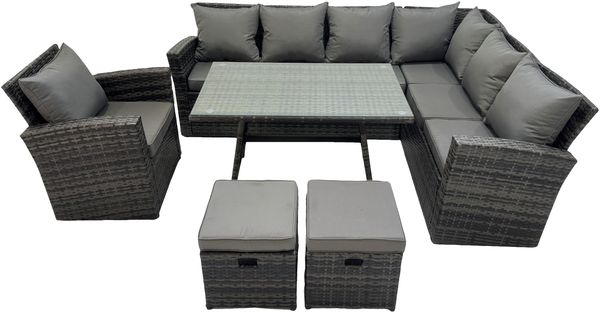 Fimous 9 Sitzer Hoher Rücken Dunkelgrau gemischt Rattan Ecksofa Set Gartenmöbel Rechteckiger Esstisch 2 Hockern Sessel