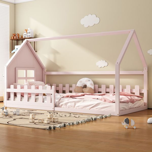 90*200cm Flachbett, Kinderbett, Hausleiste, Rosa