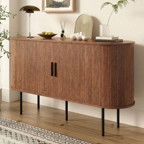 Merax Sideboard in Holzoptik, Schrank Wohnzimmerschrank Anrichte (1 St), Kommode mit Rolltüren, Stauraum und Metallbeinen, 140 x 40 x 78 cm