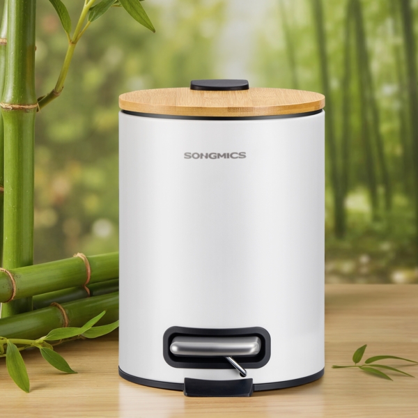 SONGMICS Mülleimer Bad 3 Liter, Kosmetikeimer mit Bambusdeckel aus Bambus, Tretmülleimer für Badezimmer, weiß