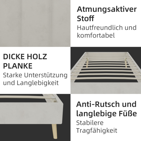 Bettgestell 90×200cm Stoffbezug & Metallgestell Mehrfach-Stützrahmen, robuste Plattform, modernes Minimaldesign, beige Bild 5