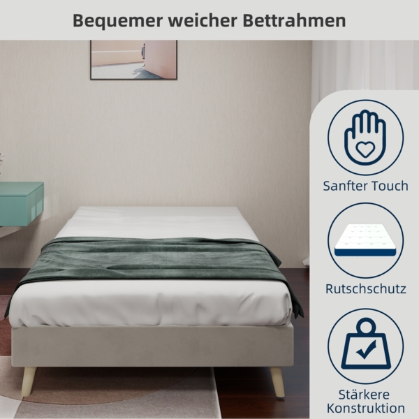 Bettgestell 90×200cm Stoffbezug & Metallgestell Mehrfach-Stützrahmen, robuste Plattform, modernes Minimaldesign, beige Bild 7