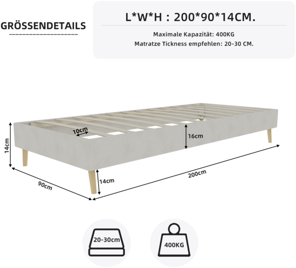 Bettgestell 90×200cm Stoffbezug & Metallgestell Mehrfach-Stützrahmen, robuste Plattform, modernes Minimaldesign, beige Bild 8