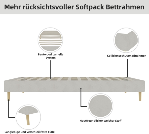 Bettgestell 90×200cm Stoffbezug & Metallgestell Mehrfach-Stützrahmen, robuste Plattform, modernes Minimaldesign, beige Bild 6