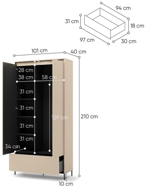 Compleo Kleiderschrank mit Schublade,2 Türen, Modern Schrank mit Lamellen BEIGE Bild 3