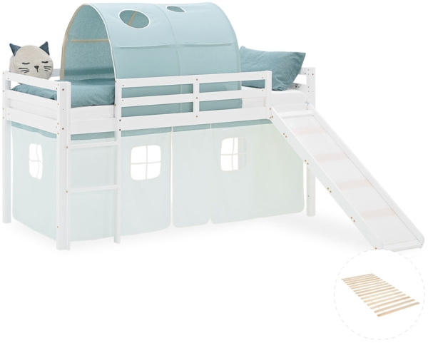 Hochbett Kinder 90x200 cm mit Rutsche Lattenrost Kinderbett Stockbett Vorhang Tunnel Grün Mintgrün Holz Massiv