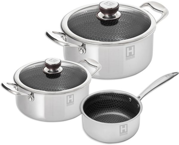 HENSSLERS Topf-Set, Edelstahl (Set, 5-tlg, 1 Universaltopf Ø 20 cm und Ø 24 cm mit Deckel, 1 Stieltopf 2,2 l), Mehrschichtmaterial für hohe Beständigkeit und Kratzfestigkeit