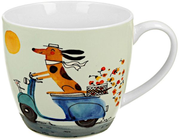 DUO Dogs World Becher 460 ml DOG ON A SCOOTER in Tragetasche, New Bone China Porzellan