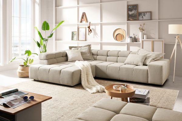 KAWOLA Sofa NEVADA Ecksofa Feincord beige mit motorischem Sitzvorzug Recamiere links 70 x 215 x 319 cm