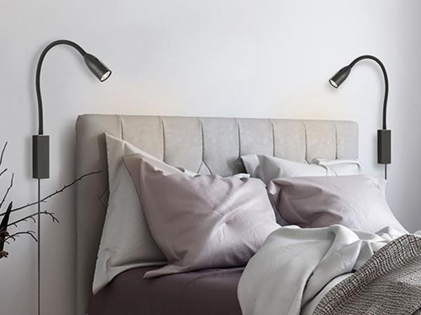 2er SET Leselampen für Bett- oder Wandmontage mit Kabel & Stecker, Schwarz