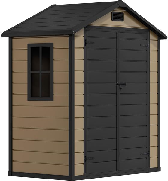 DWVO Kunststoff Gerätehaus 182 x 103 x 220 cm mit verstärktem Boden, Wetterfeste Fahrradgarage mit abschließbarer Tür, Fenster & Belüftung, Wasserdichter Gartenschuppen für Garten, Terrasse, Hof - Braun