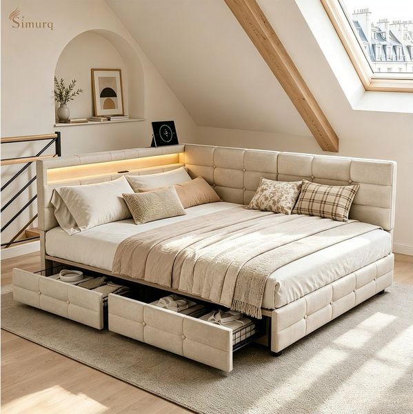 Simurq Polsterbett Tagesbett Schlafsofa 140x200 cm, Doppelbett mit Stauraum & LED (1 Holzlattenrost, 2 Schublade, Anleitung geliefert), Gepolstertes Schlafsofa mit LED & Ladestation
