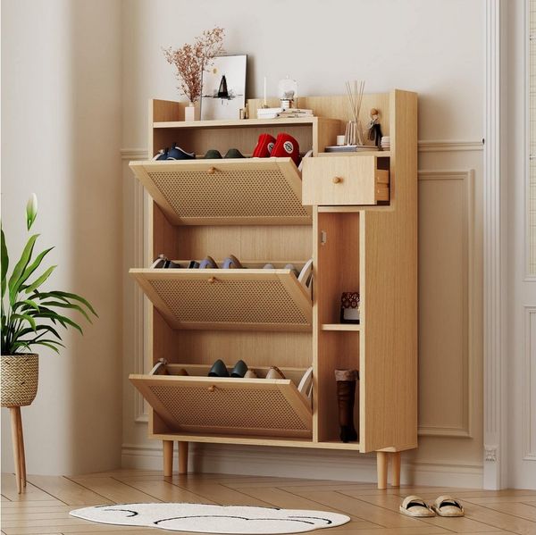 BBWL Schuhschrank Schmaler Rattan-Schuhschrank 90 x 125 x 17 cm mit 3 Klappen & 1 Schublade (Platzsparende Kommode aus MDF mit Massivholzgriffen & -beinen, Ideal für kleine Flure & Eingänge, Verstellbare Böden & hoher Stauraum,Natürliches Design für stilvo...