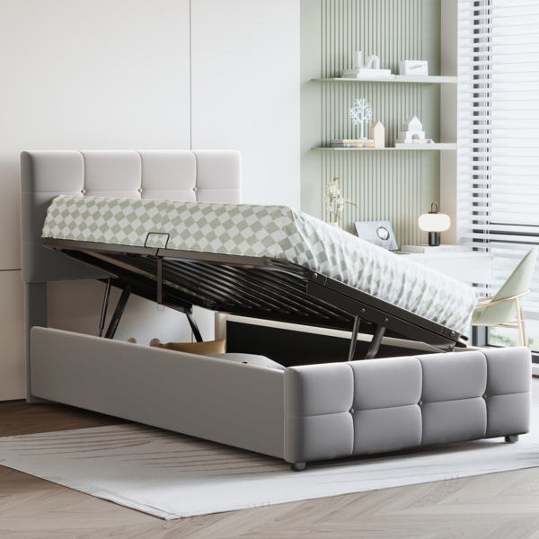 Polsterbett 90x200 cm mit hydraulischem Stauraum und höhenverstellbarem Kopfteil – Samt Grau