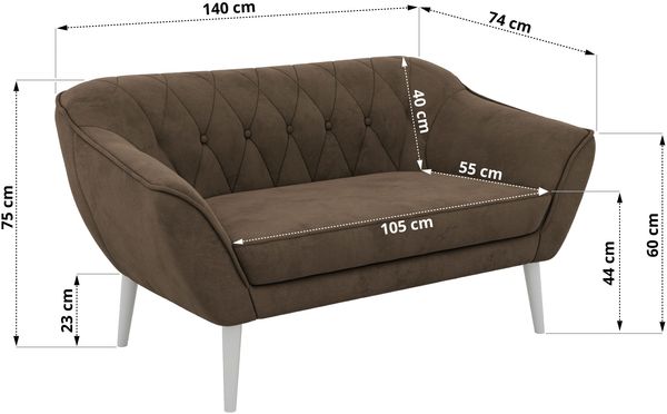 Polstersofa PIRS 2 Skandinavisches Sofa 2-Sitzer, Sofa mit Wellenfederung, Breite 140 cm, weiße Füße Hoher Sitzkomfort - Braun Velvet Bild 5