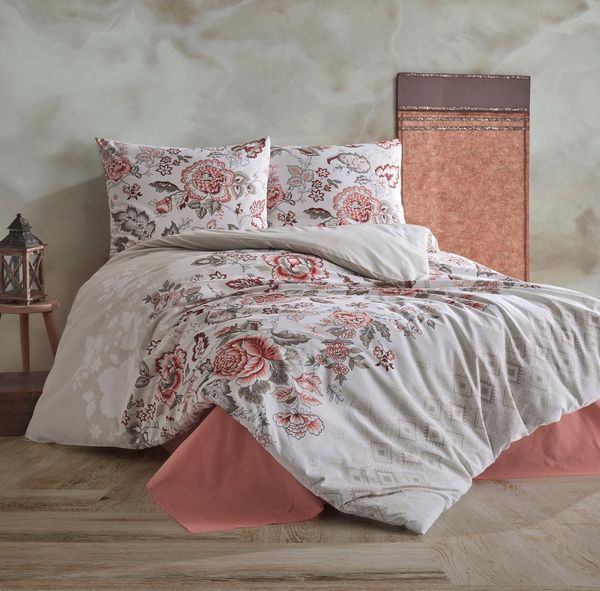 yadetextil Bettwäsche Bettwäsche 200x200 cm. 3 teilig set, Renforce, 3 teilig, creme,100% Baumwolle/Renforcé,rot geblümt Minda V1