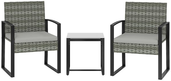 Rattan Bistroset, 3 teiliges Gartenmöbel-Set mit 2 Gartenstühlen, Couchtisch, abnehmbar Kissen Hellgrau