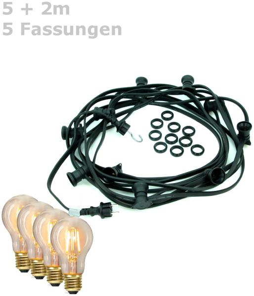 ILLU-Lichterkette BLACKY - 5m - 5 x E27 - IP44 - warmweiße EDISON LED Filamentlampen - SATISFIRE Bild 1