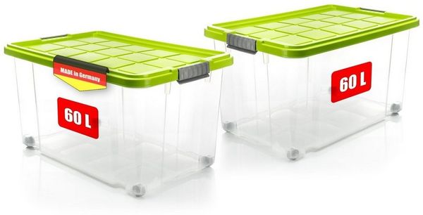 BigDean 2 Stück 60 L Aufbewahrungsbox mit Deckel groß limegrün - stapelbare robuste Box- rollbare Stapelbox mit festen Klickverschlüssen - Made in Germany